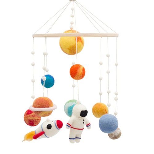Glaciart One Space Nursery Felt Mobile - Colorful Decor for Crib, Baby Rooms - Handmade, Child-Safe Wood, Felt Wool & Cotton - Solar System Decoration for Girls & Boys - 10x20Inch - Magic Solar System