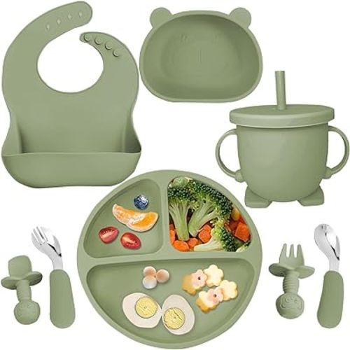Baby Led Weaning Supplies,8 Pack Silicone Baby Feeding Set, Suction Baby Divided Plate and Bowl Set, Baby Spoon and Fork, Adjustable Bib, Baby Self Feeding Eating Utensils-DarkGreen