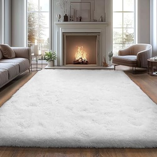 White Fluffy Rug for Bedroom White Fuzzy Carpet Non-Slip Indoor Floor Carpet for Living Room Anti-Skid Rectangular Fuzzy Rug 8x10