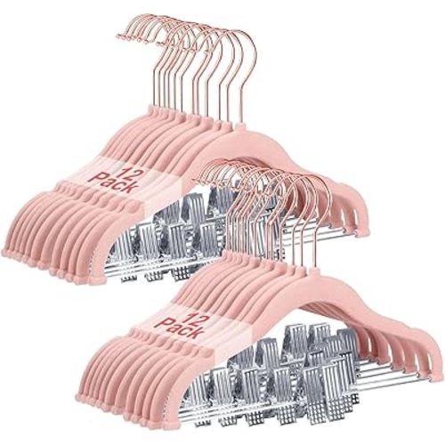Baby Hangers with Clips, 24 Packs Kids Velvet Clothes Hangers, Heavy-Duty Childrens Pant Hangers for Shirts, Pants, Skirts, Dresses, Jackets, Coat Pink - Rose Gold Hook