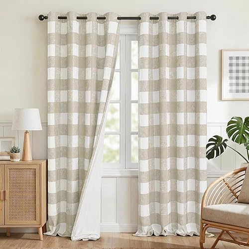 MYSKY HOME Tan and White Buffalo Plaid Check 100% Blackout Linen Curtains 96 inch Long 2 Panels Double Layer Thermal Insulated Farmhouse Rustic Gingham Drapes for Living/Dining Room, 52" Wide