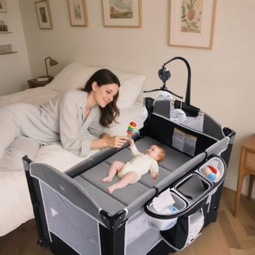Kinder King 4-in-1 Portable Nursery Center and Bedside Crib with Bassinet, Changing Table, Storage Basket, Side Zipper & Travel Bag