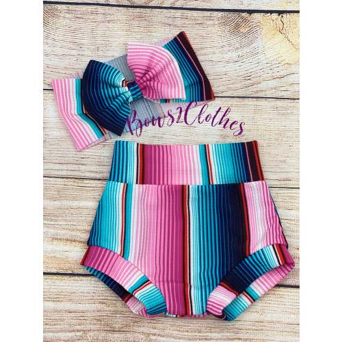 Serape Pink/ Teal Stripe High Waisted Bummies/ Baby Girl High Waisted Shorts/ Bummies and Headwrap Bow Set