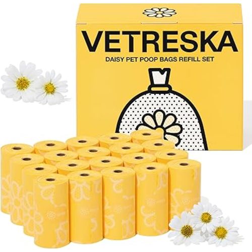 VETRESKA Dog Poop Bag Rolls Daisy Scented Leak-proof Pet Waste Bags Thick and Large Trash Bags for Dog Walking 20 Refill Rolls 300 Bags
