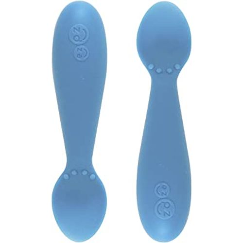 ezpz Tiny Spoon (2 Pack in Blue) - 100% Silicone Baby Spoon for Baby Led Weaning + Purees - 6 months + - Designed by a Pediatric Feeding Specialist - Baby Essentials & Baby Gifts