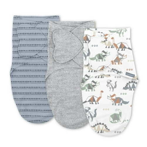 SwaddleMe by Ingenuity Monogram Collection Baby Swaddle, 100% Cotton, 0-3 Months, Pocket Fold Design for Easy Changes, 1.0 TOG, 3-Pack - Dino Mite
