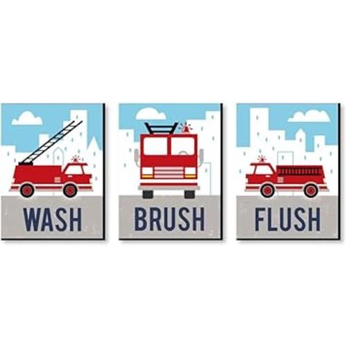 Big Dot of Happiness Fired Up Fire Truck - Kids Bathroom Rules Wall Art - 7.5 x 10 inches - Set of 3 Signs - Wash, Brush, Flush