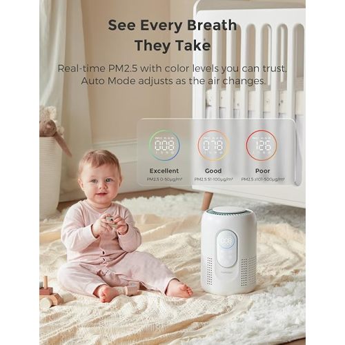 Momcozy Nursery Air Purifier, 4-Filter System with H13 HEPA & Carbon, Real-Time PM2.5 Air Quality Monitor & Display with 3-Color Status, Baby Air Purifier with 21 dB Sleep Mode, Dimmable Night Light