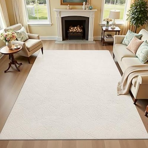 Ileading Washable Area Rug for Living Room 6x9 ft, Beige Soft Fluffy Tropical Leaf Carpet with Non Slip Backing, Low Pile Rugs for Bedroom Dining Room Indoor Home Office