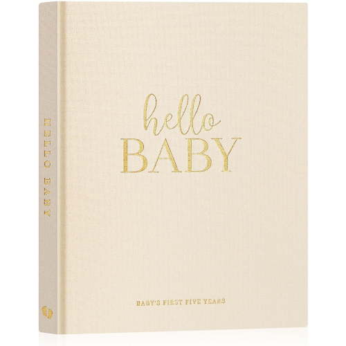 Hello Baby First 5 Year Memory Book for Boy Girl - Linen Hardcover Baby Book Keepsake for New Parents - Newborn Baby Journal Scrapbook Photo Album Baby Milestone Book (Beige, 154 Pages)