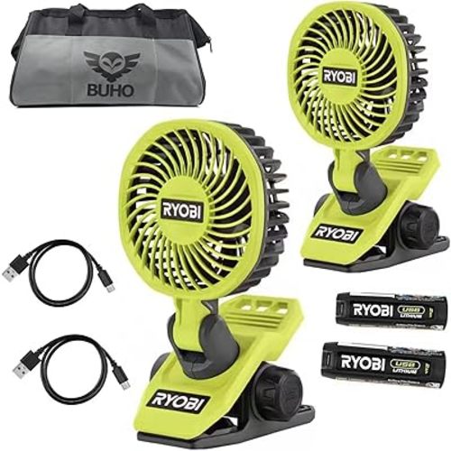 Buho Clamp Fan Accessory Bundle - 2 Pack USB Fan Powerful Cooling Adjustable Head Multi-Directional Airflow 2 Speed Settings 135 CFM 7 Hours Runtime Clamping Capacity Zipper Pouch