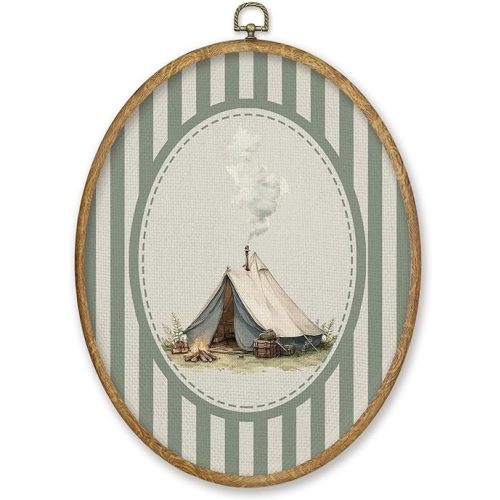 CGBHW Vintage Camping Oval Wall Art Decor Products, Camping Campsite Canvas Prints Framed, Sage Green Striped Cottagecore Camper Wall Art Hanging Decor for Home Bedroom Living Room, 8.6x11.4 Inch