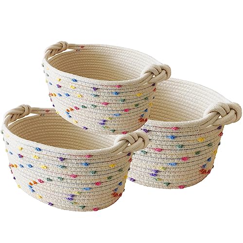 Esme L&H Small Woven Rope Storage Baskets for Organizing, Set of 3 Small Decorative Basket Organizer for Storage, Cute Rainbow Storage baskets, bins, Box for Baby nursery,Toys, Shelves, Closet...