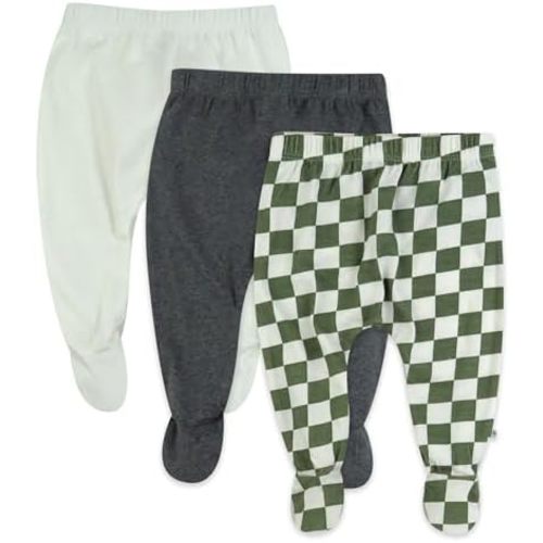 HonestBaby 3-pack Footed Pants Roomy Fit Pull on Bottoms 100% Organic Cotton for Infant Baby Boys, Girls, Unisex