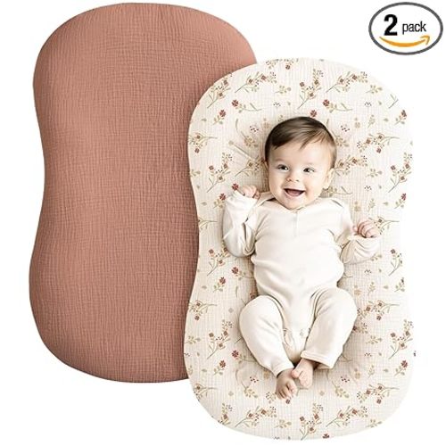 Konssy Muslin Baby Lounger Cover 2 Pack, 100% Cotton Newborn Lounger Cover, Soft and Breathable Baby Nest Slipcover for Boys Girls (Chestnut, Posy)