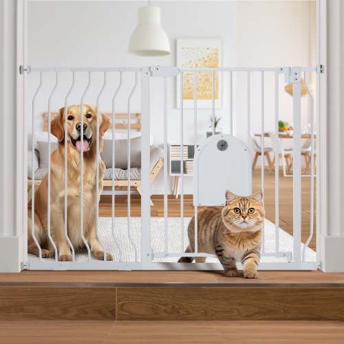 29.5-48.4" Wide Pet Gate with Cat Door, Pressure Mount, Safety Gate Gift,White