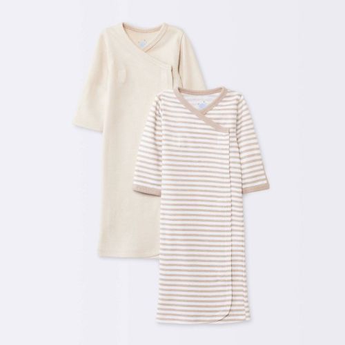 Baby 2pk Cotton Gown - Cloud Island™ Khaki Preemie: Long Sleeve V Neck Nightgowns, Midweight Fabric, Machine Washable