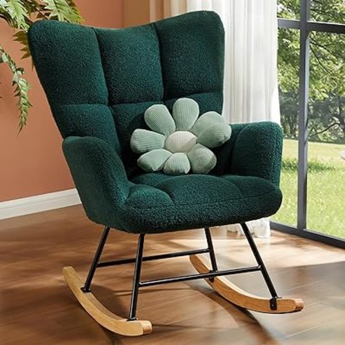 DUMOS Rocking Chair, Teddy Upholstered Glider Rocker with High Backrest, Modern Rocking Accent Chairs Reading Chair Glider Chair for Living Room, Bedroom, Green