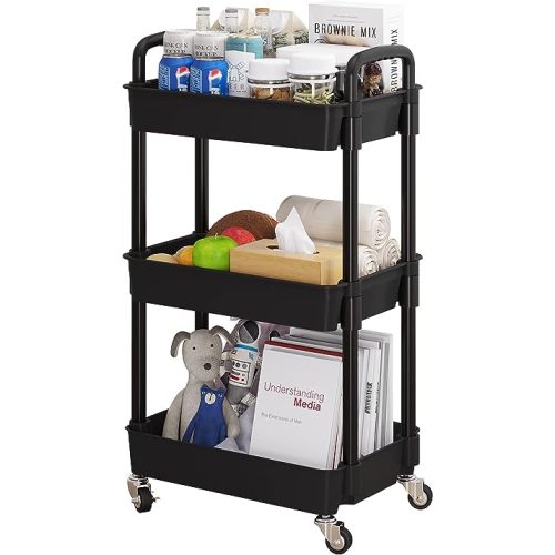 UDEAR 3-Tier Rolling Utility Cart with 12 Category Labels,Multifunctional Storage Shelves with Handle and Lockable Wheels for Room,Office,Kitchen,Bathroom,White