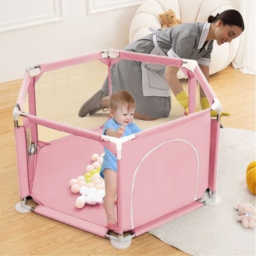 GOTGELIF 50"x50" 6-Panel Baby Playpen Spacious & Secure Foldable Playard Pink