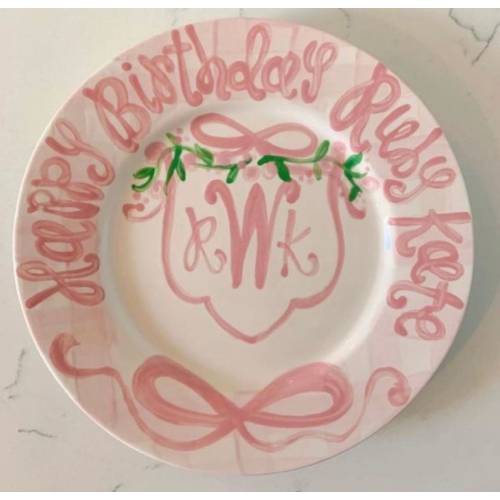 Monogrammed First Birthday Plate, Gingham & Bow, Hand-Painted Ceramic
