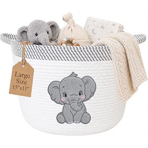 Elephant Baby Storage Basket, Woven Cotton Rope Nursery Bin, 15x11 in