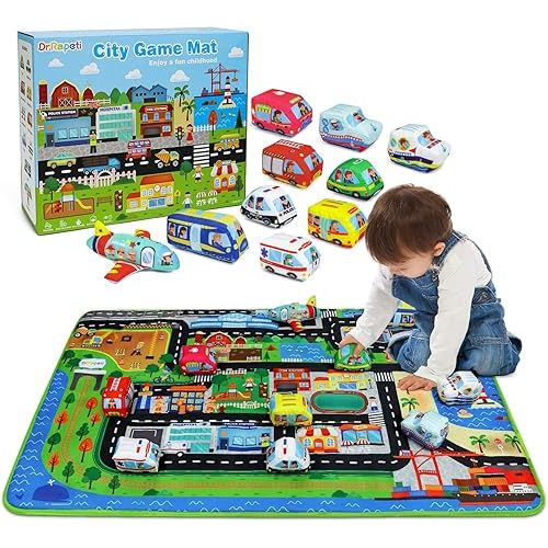 Dr.Rapeti Soft Toy Car Set for Babies Infants Toddlers Kids 1 Oversize Play Mat 10 Soft Toy Cars 47x30inches Washable Non-Toxic