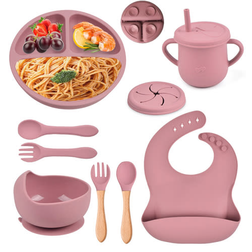 Silicone Baby Feeding Set, 9 Piece Baby Led Weaning Utensils Set Includes Suction Bowl and Plate, Baby Spoon and Fork, Sippy Cup with Straw, Baby Feeding Supplies Set