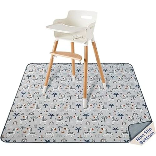 Blissful Diary Baby Splat Mat for Under High Chair, 50.4 x 50.4 Inch Wipeable Splash Mat, Waterproof and Washable, Anti-Slip Floor Protector, Gray Zebra