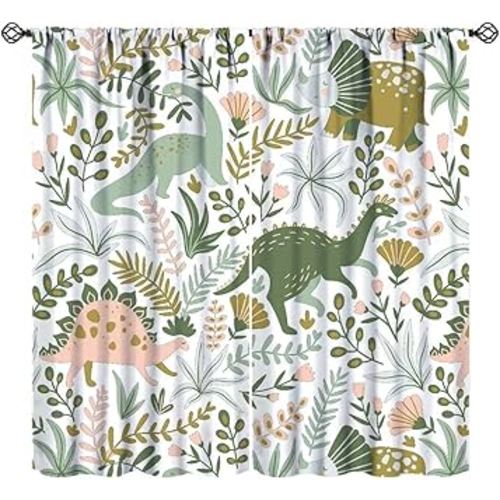 Cartoon Dinosaur Curtains, Green Dino Tropical Leaves Window Treatments for Living Room Kids Boys Girls Bedroom, (W26xL84 Inch) x2 Panels