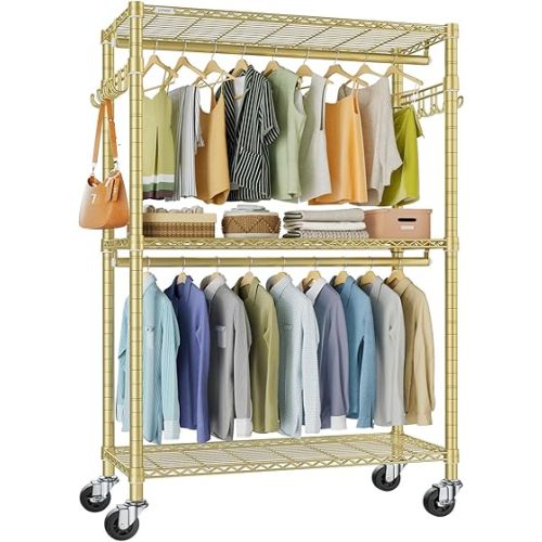 VIPEK R2 Plus Rolling Clothes Rack for Hanging Clothes Heavy Duty Garment Rack 3 Tiers Adjustable Wire Shelving Clothing Racks with Double Hanging Rods, Closet Organizers and Storage, Gold
