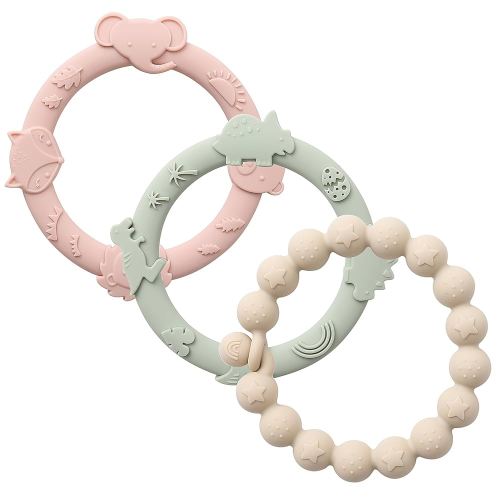 Baby Teether Rings Silicone Teethers for Babies Multi Use Teething Toys for Infants Chew Toys Baby Teething Rings for Infant Boys and Girls 3 Pack-Blush