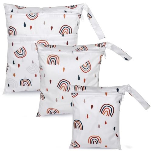 3pcs Cloth Diaper Wet Dry Bags Waterproof Reusable with Two Zippered Pockets Travel Beach Pool Daycare Soiled Baby Items Yoga Gym Bag for Swimsuits or Wet Clothes