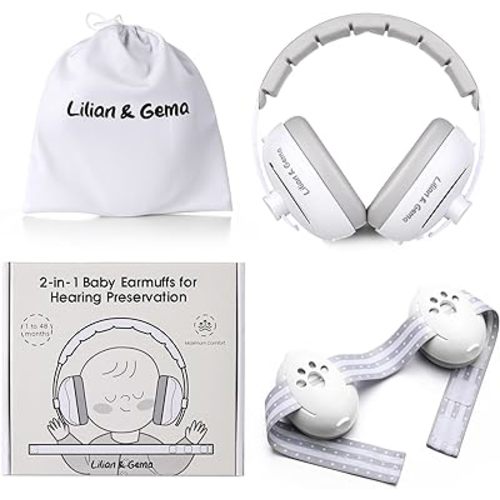 Lilian&Gema 2-in-1 Baby Ear Muffs Noise Protection, Adjustable Baby Headphones with Stretchy Band, Noise Cancelling Headphones for Baby & Toddler up to 4 Years, Baby Airplane Essentials/Outdoor, White