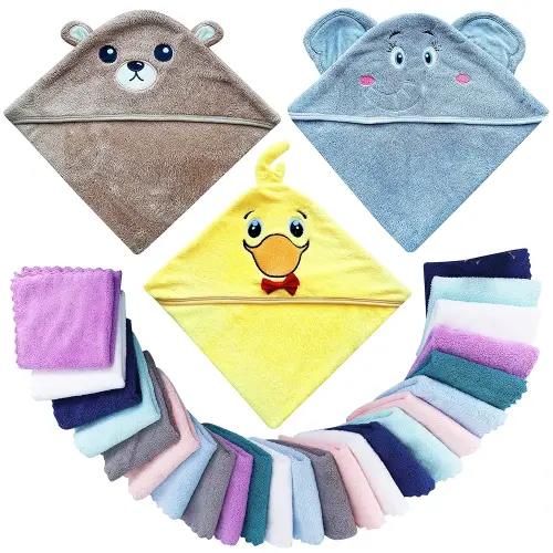 3 Pack Baby Hooded Bath Towel with 24 Count Washcloth Sets for Newborns Infants & Toddlers, Boys & Girls - Baby Registry Search Essentials Item - Bear, Elephant, Duck