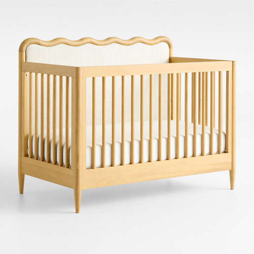 Waveland Natural Oak Wood and Upholstered Performance Stripe Convertible Baby Crib with Toddler Bed Rail