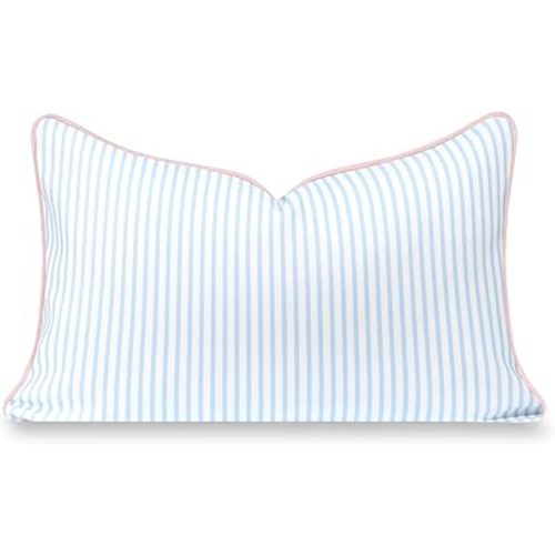 Hofdeco Premium Coastal Grandmillennial Patio Indoor Outdoor Lumbar Pillow Cover Only, 12"x20" Water Repellent for Backyard, Couch, Poolside, Baby Blue Pink Print Stripes
