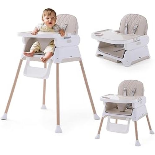 3 in 1 Baby High Chair, Portable High Chairs for Babies and Toddlers, Adjustable Convertible Infant Baby Feeding Chair Booster for Eating with Detachable Double Tray, 5 Point Harness, Footrest Cream