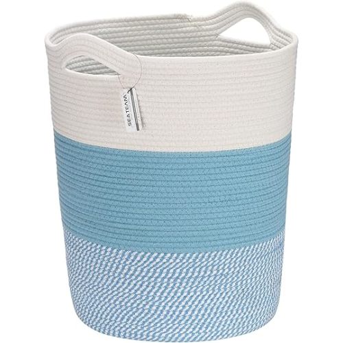 Sea Team Large Size Cotton Rope Woven Storage Basket with Handles, Laundry Hamper, Fabric Bucket, Drum, Clothes Toys Organizer for Kid's Room, 20 x 14 inches, Round Open Design, White & Mottled Blue