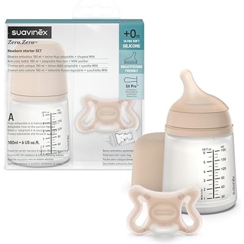 Suavinex Zero Zero Newborn Starter Set Small Anti Colic Baby Bottle + Pacifier, No 1 Spanish Baby Bottle Brand, Minimizes Bottle Rejection & Nipple Confusion, Adaptable Flow - Light