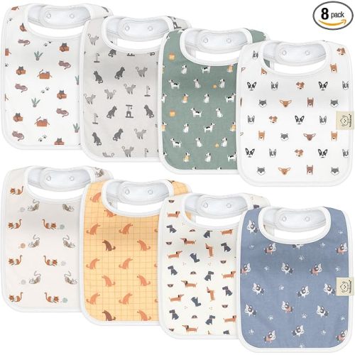 KeaBabies 8-Pack Organic Baby Bibs for Boys, Girls - Super Absorbent Cotton Drool Bibs for Baby Girl & Boy, Teething Toddler, Drooling Newborn, Ultra Soft & Machine Washable (Pets & Paws)