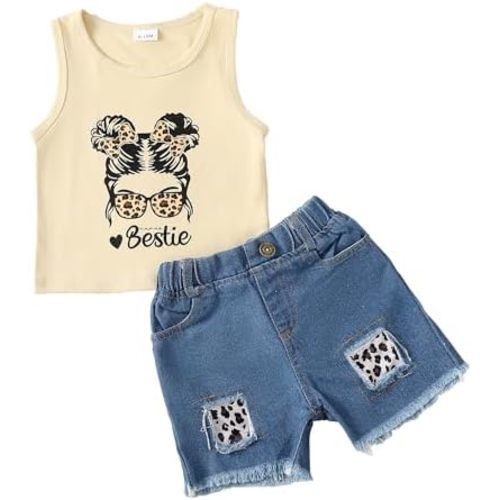 Mikrdoo Baby Girl Clothes Toddler Girl Summer Outfits Shirts Tops Ripped Denim Shorts Set Little Girl Clothes