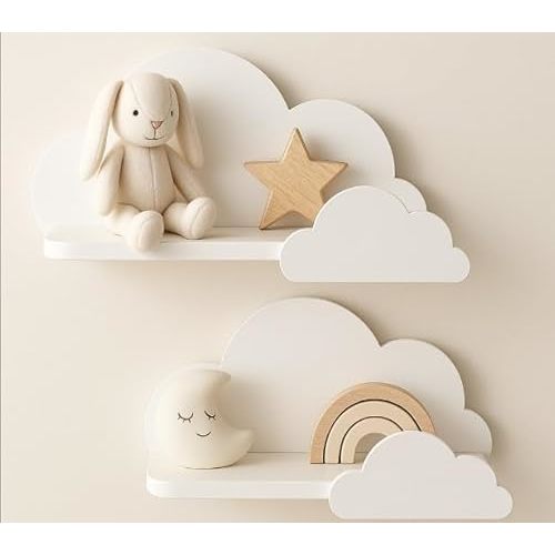 BugyBagy Cloud Wall Shelf – Decorative Wooden Floating Shelf for Nursery, Kids Room – Multiple Colors & Light Options (White Cloud Shelf Set of 2 – No Light)