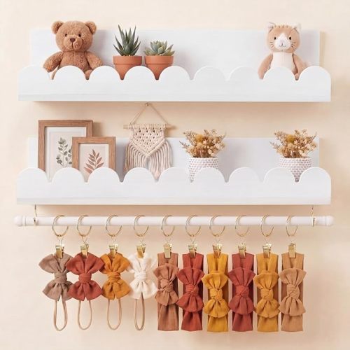 Qunclay Nursery Floating Shelves Headband and Bow Holder with Rod Wall Mounted Wood Shelves Nursery Decor for Wall Home Organization Kitchen Living Room Storage Decor(2-Tier,White)