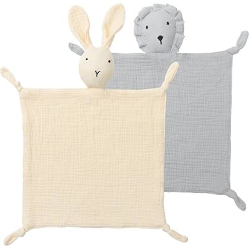 Newborn Baby Loveys Security Blanket Muslin Soft & Breathable, Muslin Cotton Bunny & Lion Lovies for Baby New Born Boy Girl Unisex Baby Unique Neutral Presents for Babies Newborn Toddler