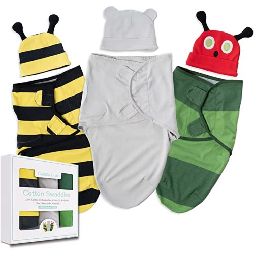 Cuddle Club Baby Swaddle | 100% Cotton Adjustable Hook-and-Loop Fastener Newborn Blanket Wrap - with Novelty Hat Beanie