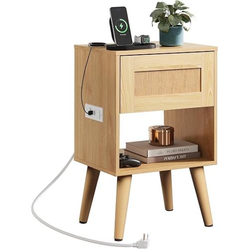 WLIVE Rattan Nightstand with Charging Station, Boho Night Stand, Small Bedroom Side Table, End Table with Drawer and Storage, Wood Bedside Tables for Bedroom, Small Spaces, Natural Oak
