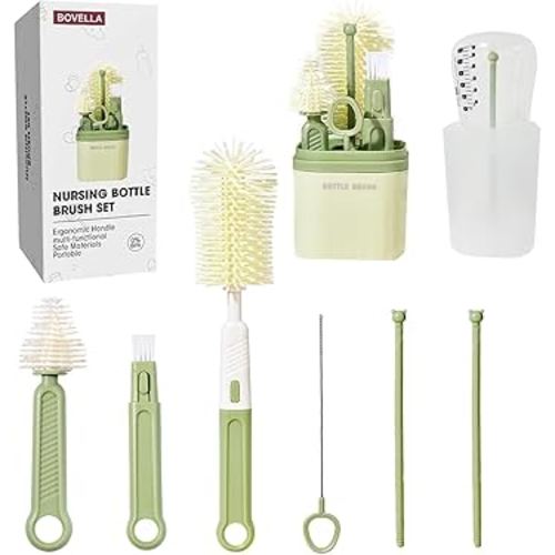 Baby Bottle Brush Set-Travel Bottle Cleaner Kit with Silicone Brush,Drying Rack,Nipple Brush,Straw Brush,Bottle Mouth Brush,Storage Box-6 in 1 Portable Bottle Washing Kit for Home and Travel