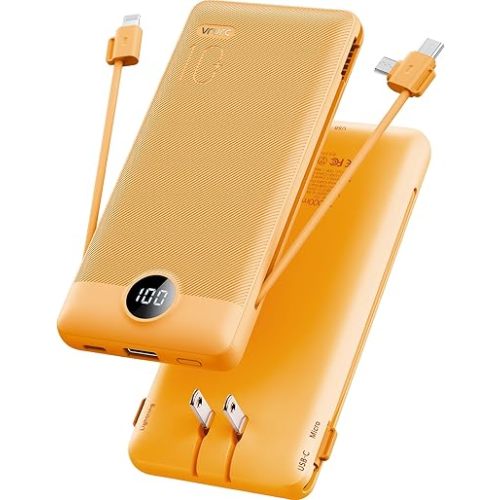 VRURC Portable Charger Built-in Cables and AC Wall Plug, USB C Power Bank 10000mAh, Travel Battery Phone Charger Compact Lightweight External Battery Pack for Smart Phones, Tablets etc-Orange