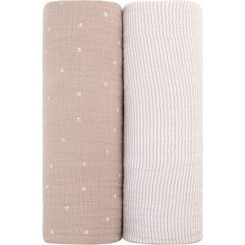 Ely's & Co. Muslin Swaddle Blanket 2-Pack — 100% Cotton Muslin Extra-Large Swaddle Blankets (47” x 47”) White Tulip on Pink + Stripes
